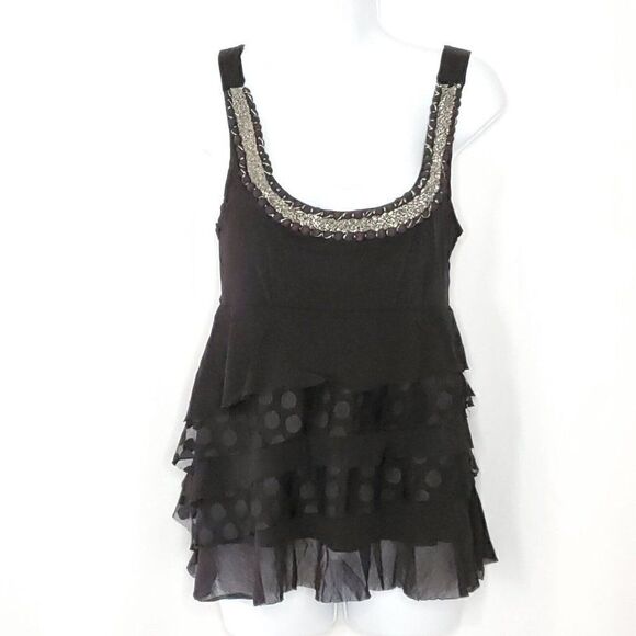 Anthropologie Weston Wear Tank Top M Silver Beaded Mesh Layered Ruffles - Picture 1 of 6
